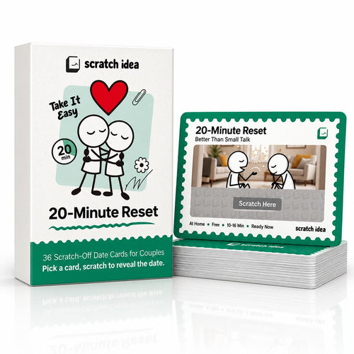 20-Minute Reset scratch-off date cards box with a sample date card