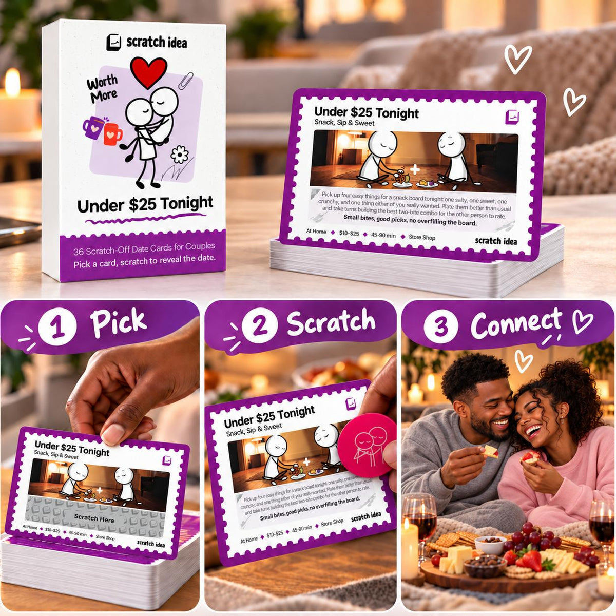 Pick, scratch, connect: how Under $25 Tonight date cards work