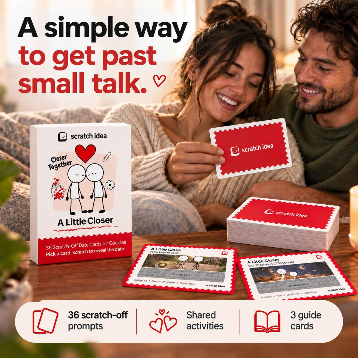 A simple way to get past small talk: 36 scratch-off prompts, shared activities, 3 guide cards