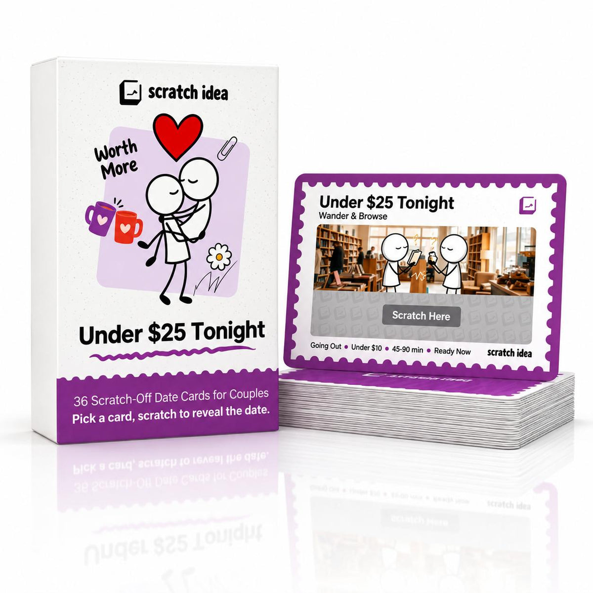 Under $25 Tonight scratch-off date cards box with a sample date card