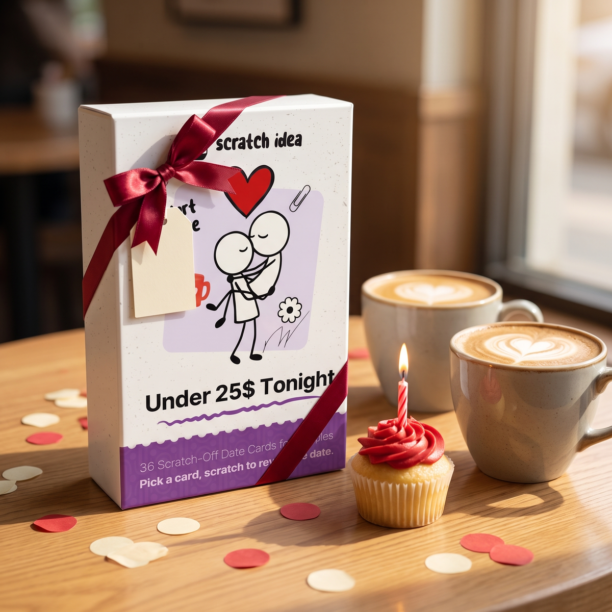 Under $25 Tonight tied with a red ribbon as a birthday gift beside lattes and a cupcake
