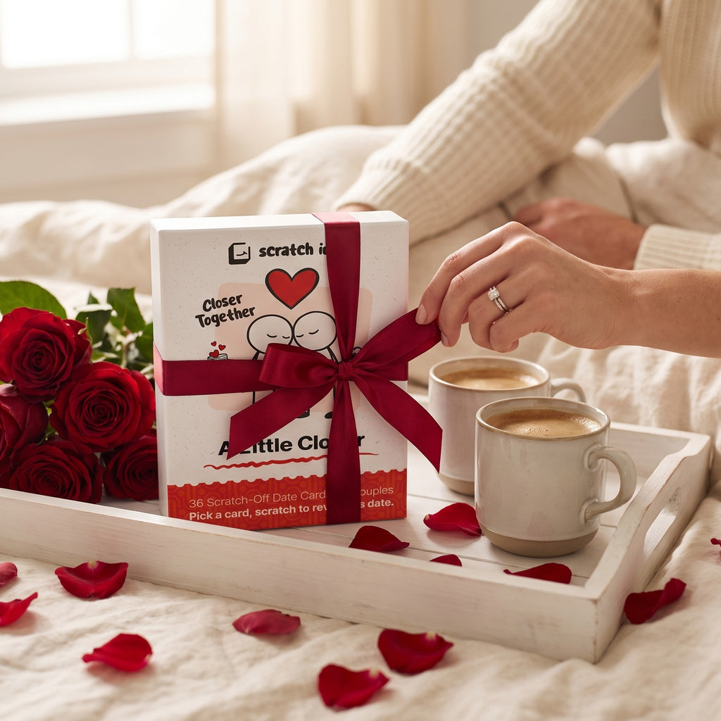A Little Closer tied with a red ribbon on a Valentine's breakfast tray with roses
