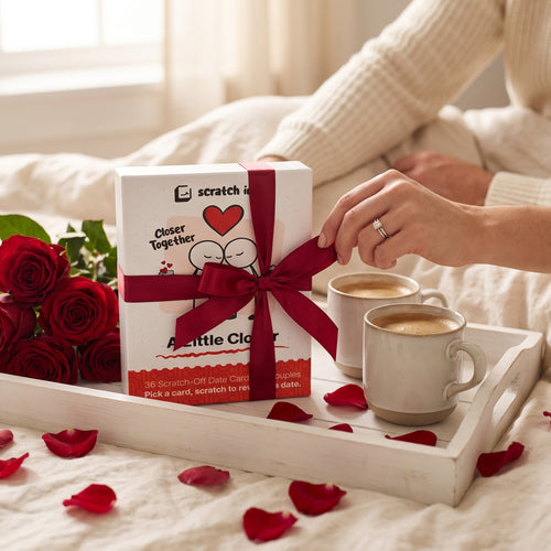 A Little Closer tied with a red ribbon on a Valentine's breakfast tray with roses