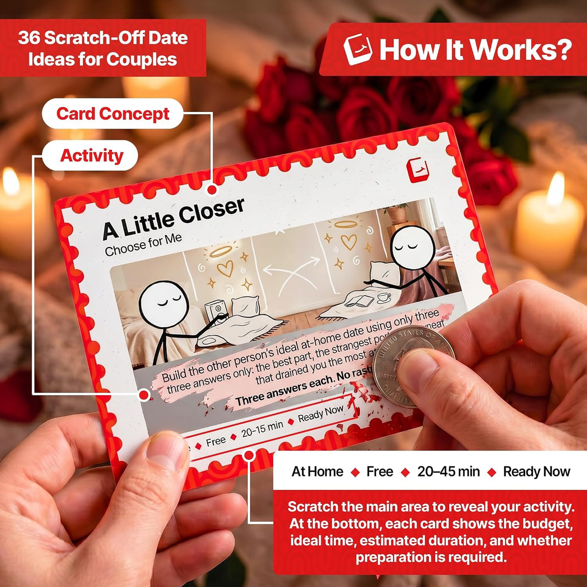 How an A Little Closer card works: scratch the panel, read setting, spend, time and prep