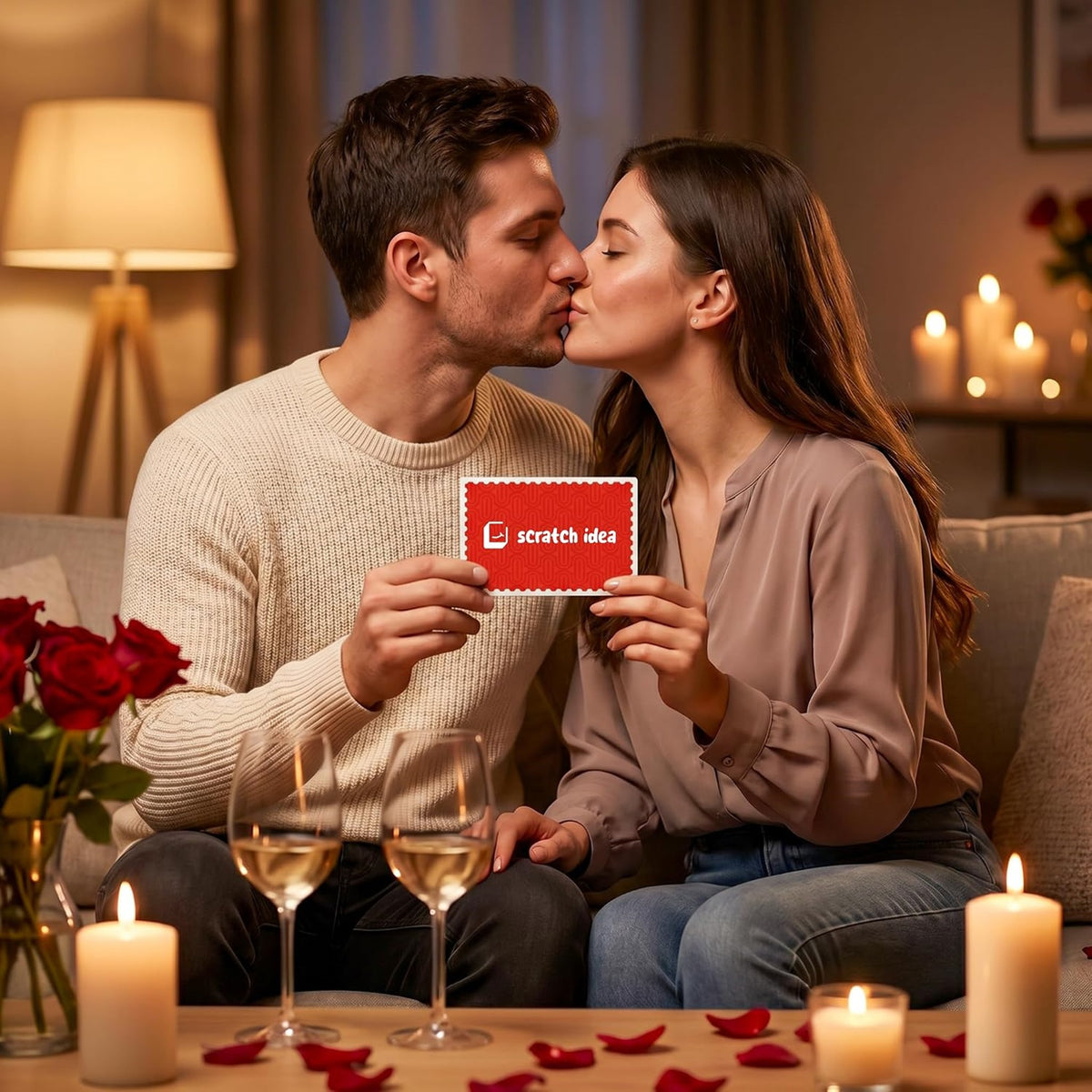 Couple sharing a kiss while holding an A Little Closer card