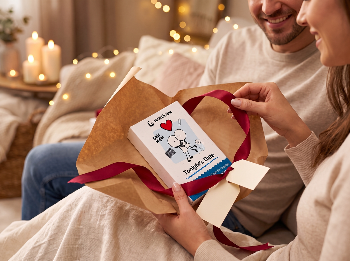 A couple unwrapping a Scratch Idea gift box tied with a red ribbon