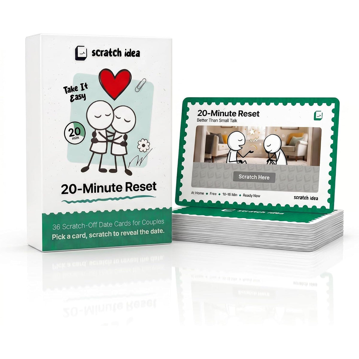 20-Minute Reset box beside a stack of scratch-off cards