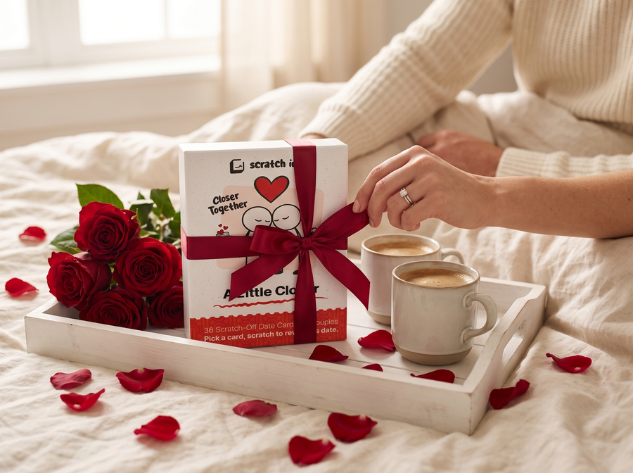 A Scratch Idea A Little Closer box tied with red ribbon on a Valentine's breakfast tray with roses