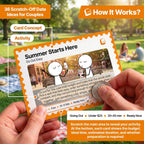 How a Summer Starts Here card works: scratch the panel, read setting, spend, time and prep