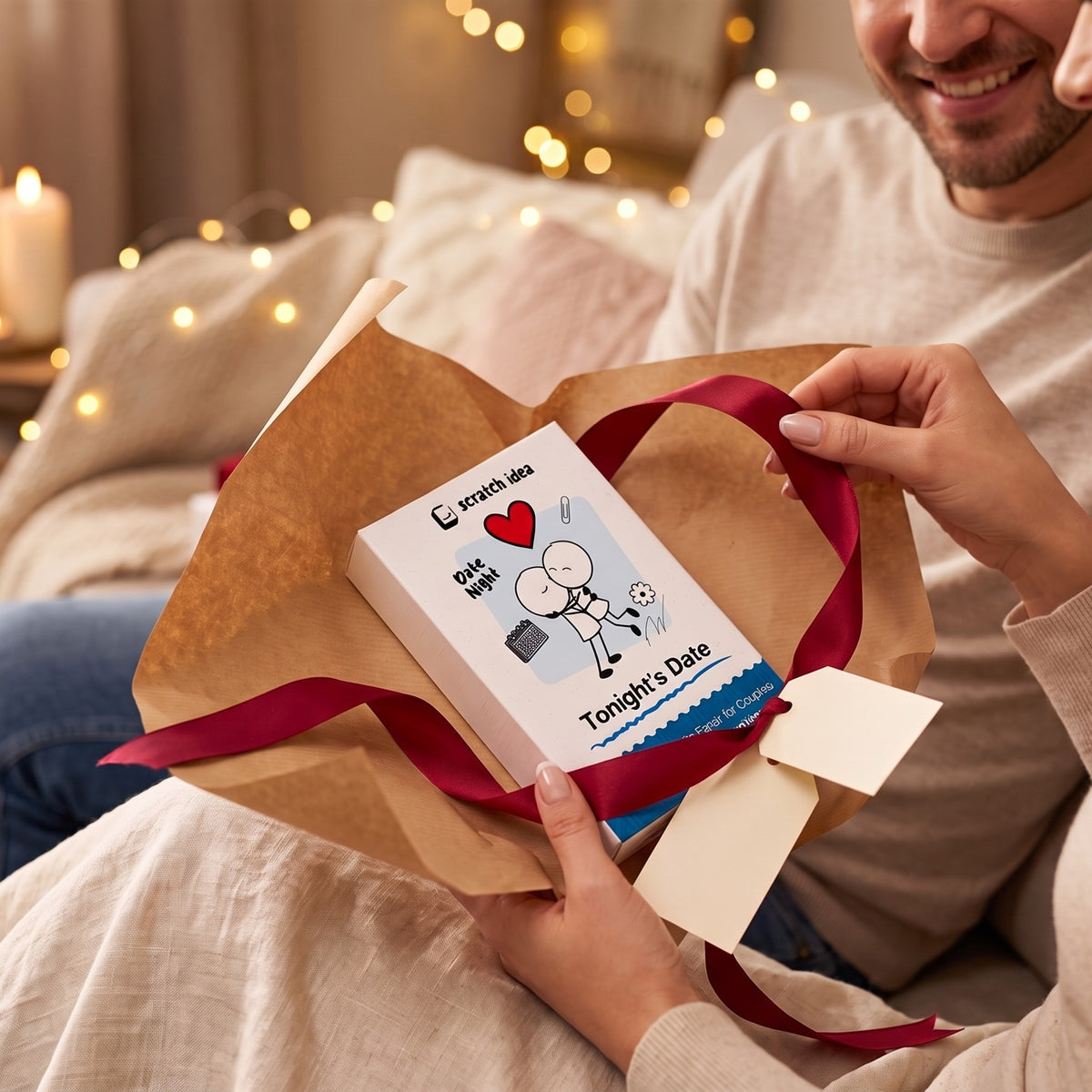 Tonight's Date given as a gift, unwrapped from kraft paper and a red ribbon