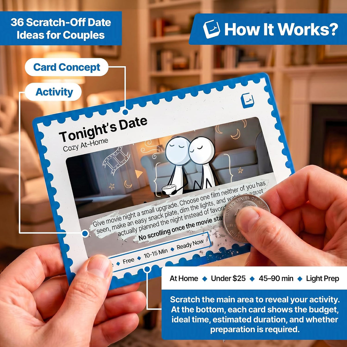 How a Tonight's Date card works: scratch the panel, read setting, spend, time and prep
