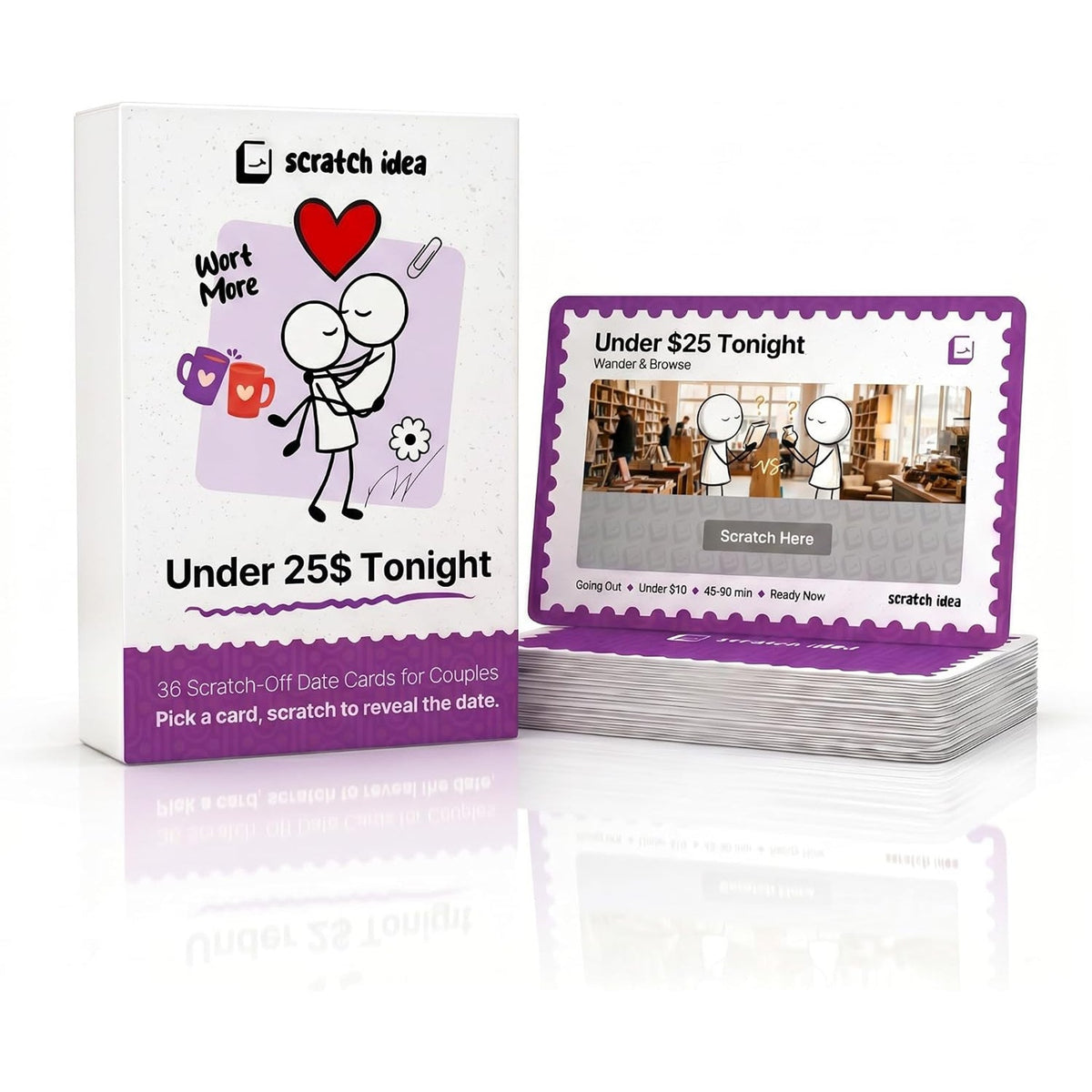 Under $25 Tonight box beside a stack of scratch-off date cards
