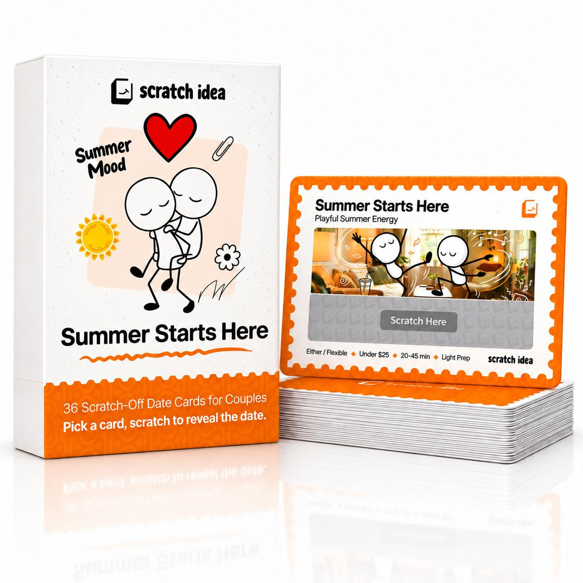 Summer Starts Here scratch-off date cards box with a sample date card