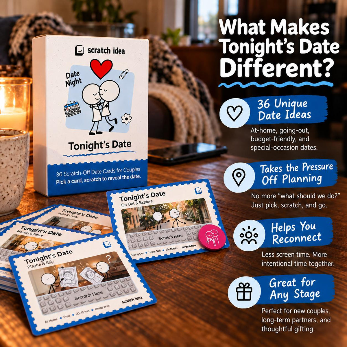 What makes Tonight's Date different: 36 unique date ideas, takes the pressure off planning, helps you reconnect